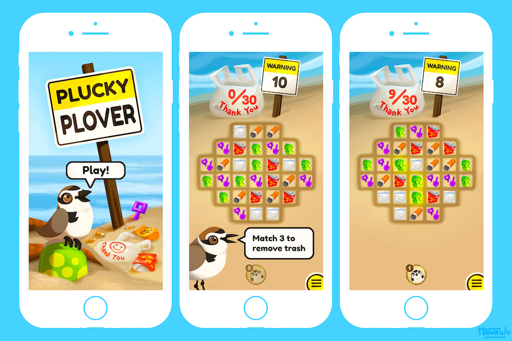 Plucky Plover game screens mocked up on phones